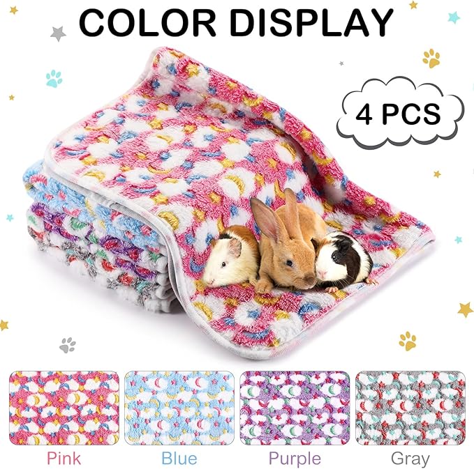 Reginary 4 Pcs Waterproof Guinea Pig Blankets Washable Small Animal Fleece Bedding Guinea Pig Cage Liners Reusable Training Pads Pet Pee Pad Sleep Mat for Hamster(Moon Star Pattern,24 x 47 Inch)