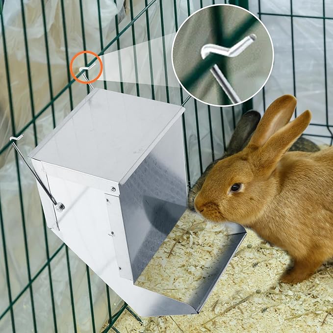 Maxcheck 2 Pcs Rabbit Feeder for Cages Small Animal Food Dispenser with Lid Metal Chicken Grit Oyster Shell Feeders Outside(4.7 Inches,Mesh Bottom,Silver)