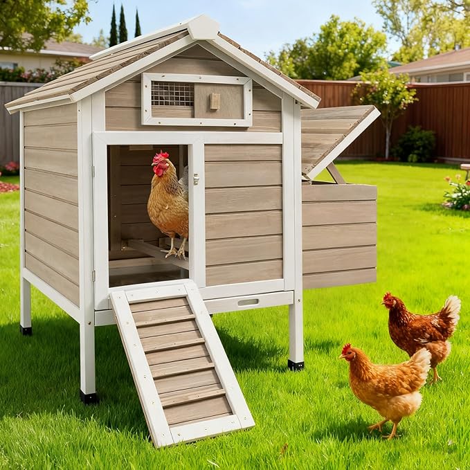 Chicken Coop Outdoor, Wooden Chicken House with 2 Nesting Boxs, Poultry Cage with Leak-Proof Pull-Out Tray, Lockable Ramp Door, Roosting Bars, Easy Assembly(32" L x 23.6" W x 36.6" H