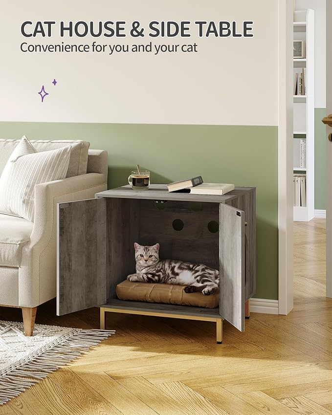 Cat Litter Box Enclosure, Hidden Litter Box Furniture Cabinet, Wooden Indoor Cat House, Side End Table, Living Room, Bedroom, Greige and Gold CB81205G