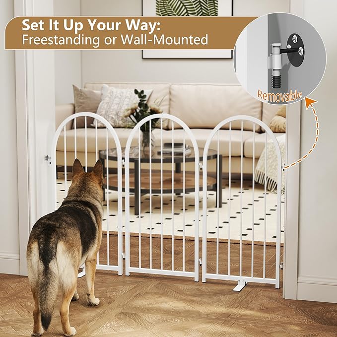 Full Metal Dog Gate for Indoor Outdoor, 32" Tall Free Standing Pet Dog Fence, 36" Wide Arched Pet Gates for Stairs, Hallways, Doorways, Kitchen, Decks, Yards (White, 2 Panels)