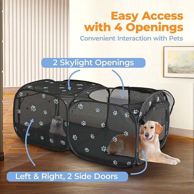 2-in-1 Dog Playpen 58''Pop Up Cat Pet Playpen, Assembly-Free Indoor Outdoor Kitten Enclosure, Breathable Cat Cage Portable Puppy Tent Crates Kennel for Small Animals(No Divider, Unified Space)