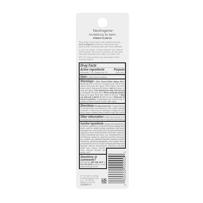 Neutrogena Revitalizing Tinted Lip Balm with SPF 20, Hydrating Tinted Lip Care with Sunscreen, Moisturizing Sheer Tint for Softer, Healthier-Looking Lips, Sheer Fresh Plum 60, 0.15 oz (Pack of 2)