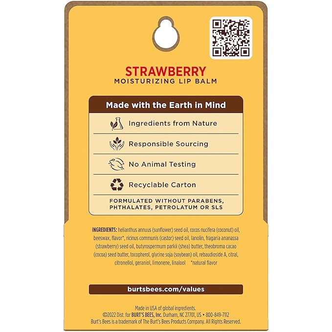 Burt's Bees Lip Balm - Strawberry, Lip Moisturizer With Responsibly Sourced Beeswax, Tint-Free, Natural Origin Conditioning Treatment, 2 Tubes, 0.15 oz.