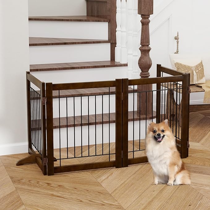 Wire Dog Gate Solid Wood Frame, Anti-Chewing, 4-Panel, 24" Height, 80" Width, Indoor Freestanding Pet Gate Foldable Wooden Dog Fences for Stairs, House, Doorway, Walnut Color
