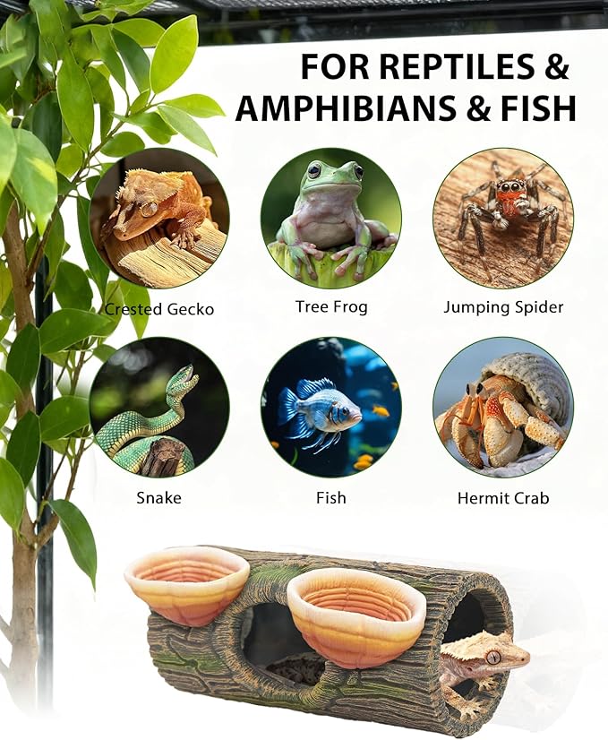 2 in 1 Magnetic Crested Gecko Hide, Reptile Hideout & Water Dish Food Bowl, Resin Hollow Log Cave, Reptile & Amphibian Habitat Hideouts, Terrarium Decor