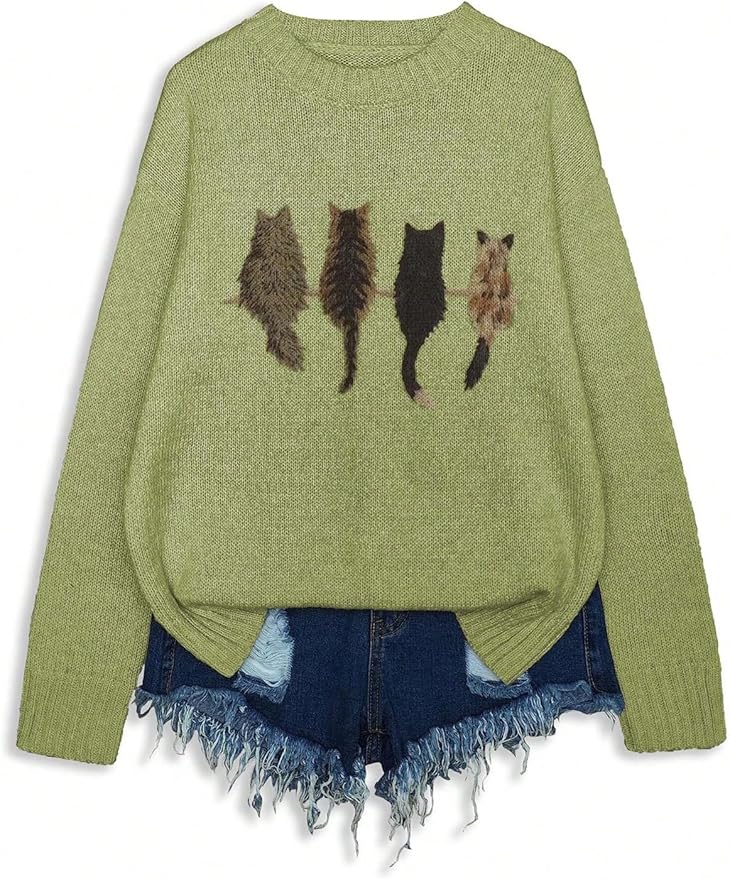 WDIRARA Women's Cat Graphic Sweater Long Sleeve Crew Neck Knit Tops Casual Knitwear
