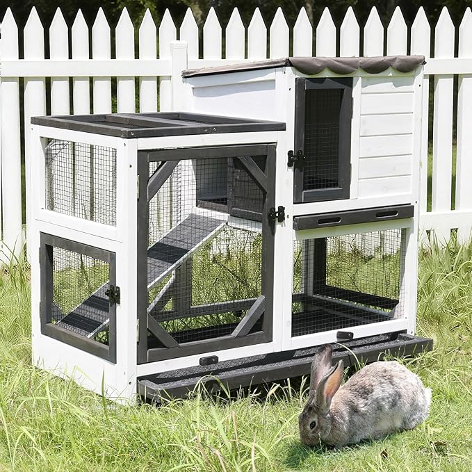 GUTINNEEN Rabbit Hutch Indoor Outdoor 2 Story Bunny House on Wheels Wood Rabbit Cage with 2 Pull Out Trays Guinea Pig Cage (Black)