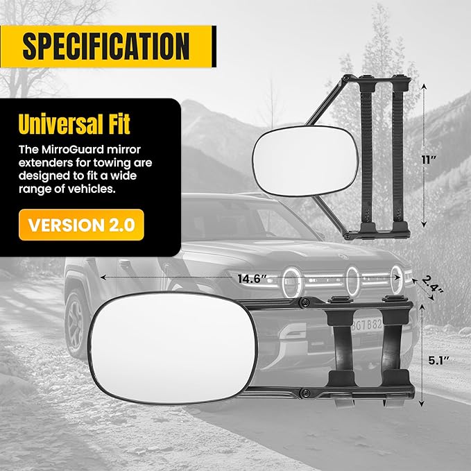 Extended Towing Mirrors V2, Universal Clip-On Tow Mirror Extensions with Upgraded Thick Straps, Enhanced Stability & Wider Fit for Pickups, SUVs, RVs, and Trailers (Model HA968 V2)