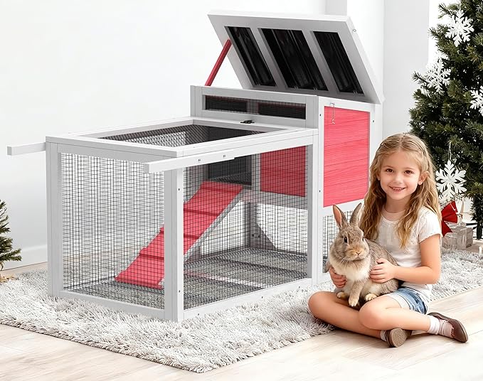 2-Story Rabbit Hutch, Insulated Bunny Hutch w/Chew-Proof Ramp & Wheels, Indoor/Outdoor Bunny Cage w/Leak-Proof Trays and Openable Waterproof Roof for Guinea Pig, Pink
