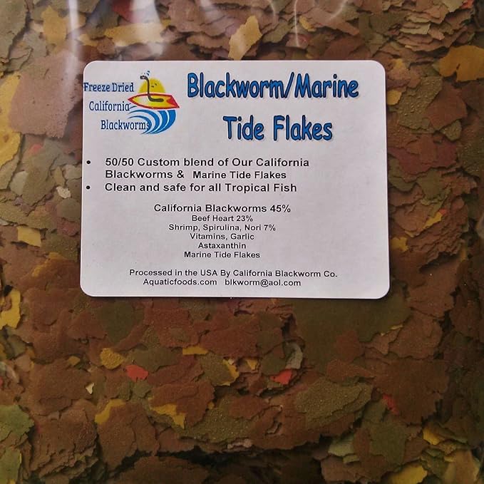 Aquatic Foods Inc. Flakes - 45% California Blackworm & Marine Fish Flake Mix for Marine Angels, Butterflys, Tangs, Clown Fish, All Marine Fish - Premium AF Flakes- 1-lbs