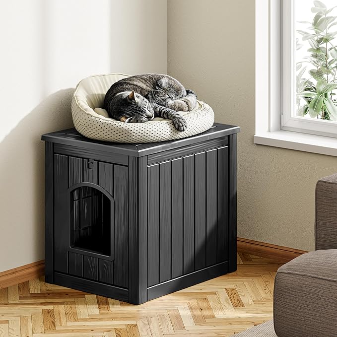 KAMABOKO Outdoor Cat House, Weatherproof Plastic Cat Shelter for Indoor & Outdoor, Durable All-Season Pet House for Feral, Stray & Domestic Cats, Black