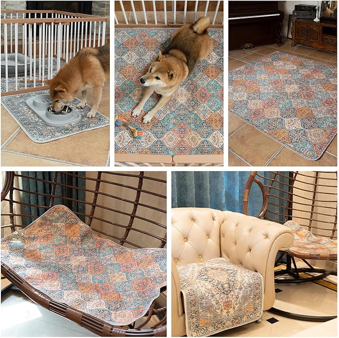 nunubaby Washable Pee Pads for Dogs, Stylish, Non-Slip and Leak-Proof Pee Pads. Reusable Potty Pads for Dogs for Crates and Floors.(Brown/Geo, 24" x48" )