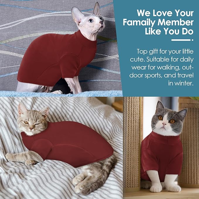 SUNFURA Turtleneck Sweater for Cat, Sphynx Hairless Cats Shirt Sweaters with Sleeves, Warm and Soft Kitten Pullover Fleece Winter Pajamas Jumpsuit for Puppy, Burgundy M