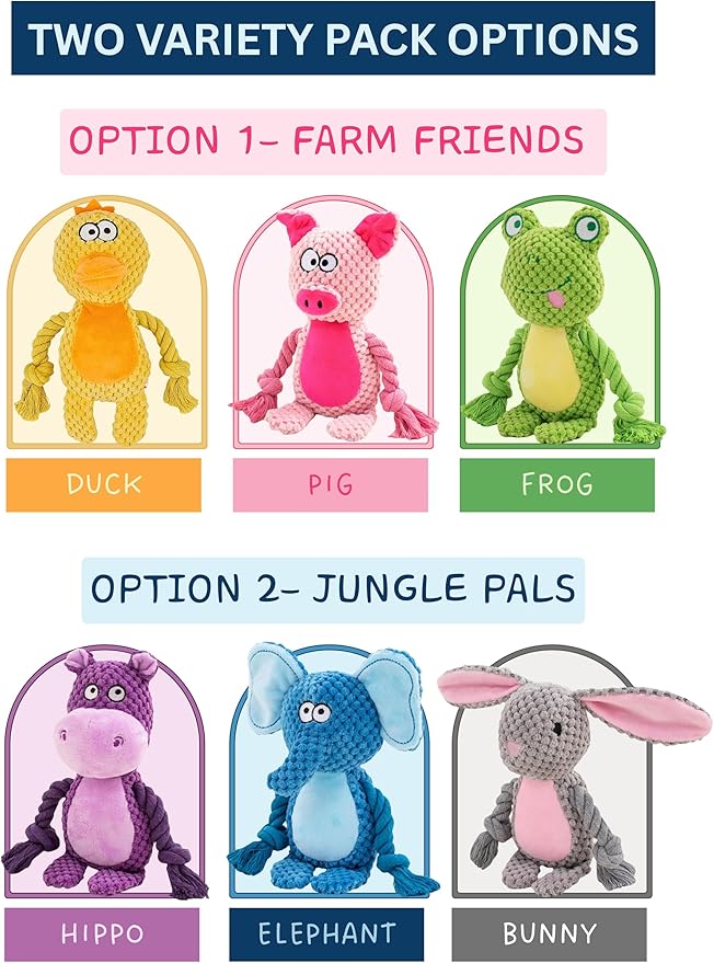 Plush Dog Toys, 3-Pack Variety Set with Squeaker, Crinkle Paper, Rope, Non-Toxic, Soft & Durable, Teething Puppy Toys- Farm Friends or Jungle Pals, 9.45 x 3.94 inches (Farm Friends)