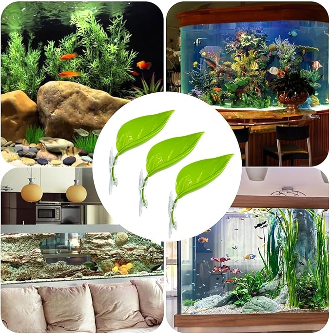 KABASI 3 Pack Plastic Leaf Platform for Reptile, Leaf-Shaped Reptile Basking Resting Spot Frog Habitat Decorations with 6pcs Suction Cups, Tree Frog Tank Accessories for African Dwarf Amphibian, Green