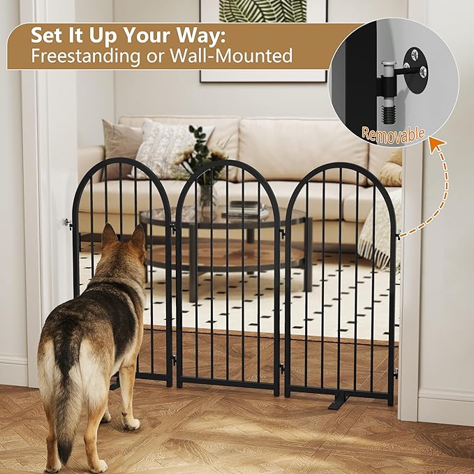 Full Metal Dog Gate for Indoor Outdoor, 32" Tall Free Standing Pet Dog Fence, 54" Wide Arched Pet Gates for Stairs, Hallways, Doorways, Kitchen, Decks, Yards (Black, 3 Panels)