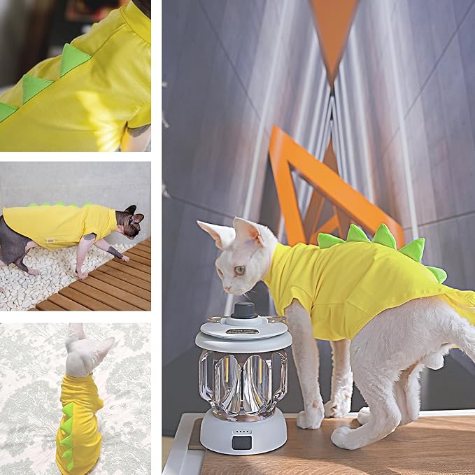 QBLEEV Sphynx Cat Clothes – Soft Cotton Dinosaur Shirt for Hairless Cats Only, Breathable Pet Daily Wear Apparel for Summer, Kitten Costume Pajamas for Indoor/Outdoor Use, XS-2XL