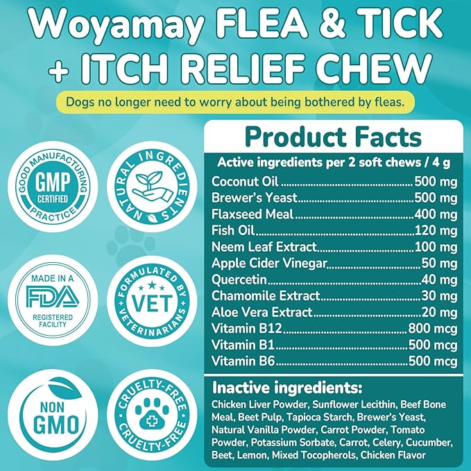 Flea & Tick + Itch Relief for Dogs Chewables, Flea and Tick Prevention for Dogs, Dog Allergy Chews, Dog Itching Skin Relief & Skin Repair, Flea Treatment Dogs, 200 Soft Chews, Chicken Flavor