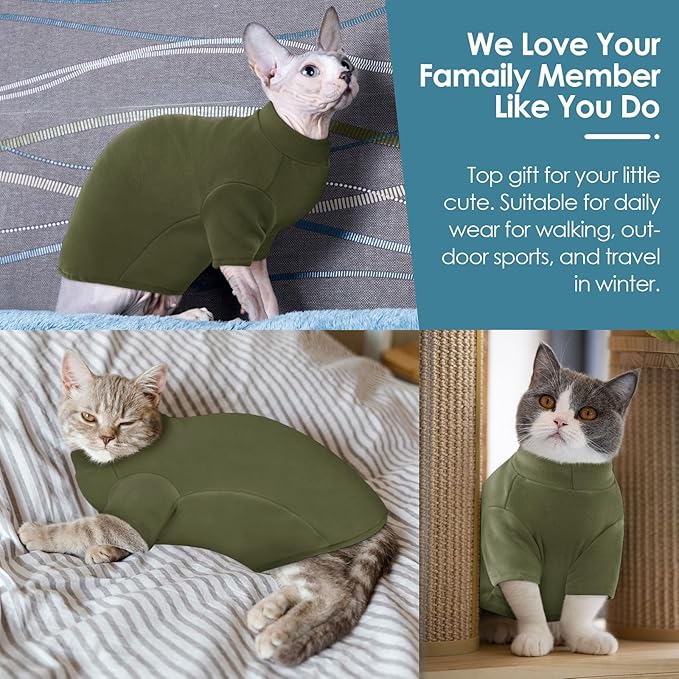SUNFURA Turtleneck Sweater for Cat, Sphynx Cats Shirt Hairless Cat Sweaters with Sleeves, Warm and Soft Kitten Pullover Fleece Winter Pajamas Jumpsuit for Puppy Cats, ArmyGreen M