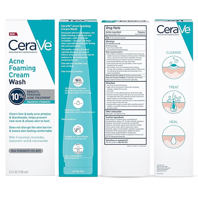 CeraVe Acne Foaming Cream Wash, Gentle Face and Body Cleanser with Benzoyl Peroxide 10%, Hyaluronic Acid, and Niacinamide, 10% Benzoyl Peroxide Treatment Clears Pimples and Blackheads 5 Oz