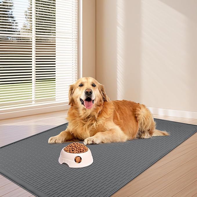 Dog Food Mat, Extra Large 34" x 22" Silicone Pet Feeding Mat with Raised Edge Pet Placemat for Small, Medium, and Large Pets Non-Slip, Easy to Clean (Dark Grey)