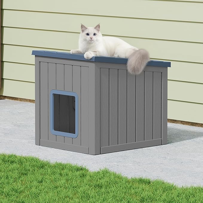 KAMABOKO Outdoor Cat House Weatherproof Plastic Cat Shelter for Indoor & Outdoor, Durable All-Season Pet House for Feral, Stray & Domestic Cats, Blue