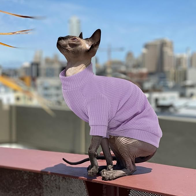 PUMYPOREITY Stretchy Cat Shirt, Sweater With Sleeves, Soft Clothes for Sphynx Hairless Cats, Devon Rex - Purple, S