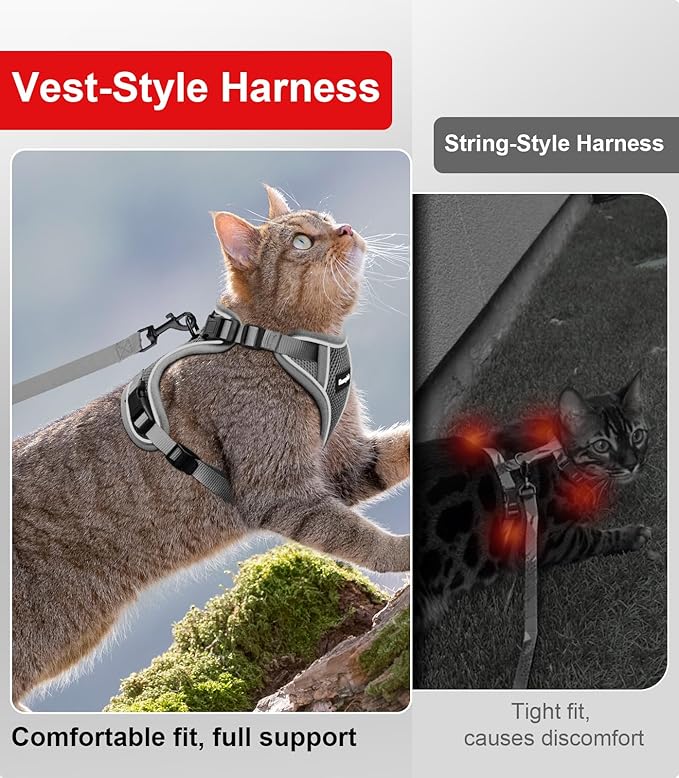 Cat Harness and Leash for Walking Escape Proof Soft Adjustable Cat Leash Breathable Comfortable Vest Easy to Wear Kitten Harness for Outdoor Travel Grey S