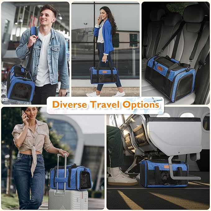 PETUX Airline Approved Cat Carrier or Small Cat up to 12 lb - 17"x11"x9.5", TSA, Underseat, Top & Side Entry Pet Carrier with Breathable Anti-Scratch Mesh & Litter Box for Travel and Vet Visit - Blue