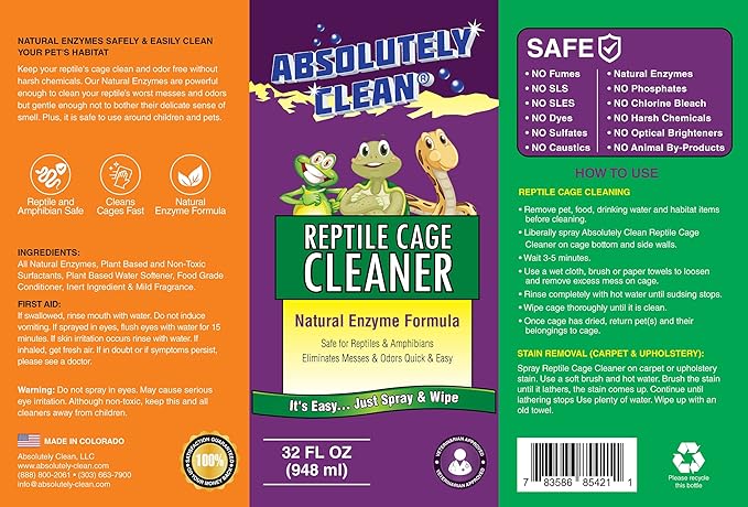 Absolutely Clean Amazing Reptile & Amphibian Terrarium Cleaner and Deodorizer - Just Spray/Wipe - Safely & Easily Removes Reptile & Amphibian Messes - USA Made (32oz Spray Bottle - Save 25%)