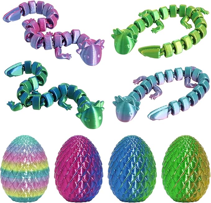 4PCS 3D Printed Animal Egg Set,Crystal Animals Egg Fidget Toy with Salamander Inside Easter Halloween for Kids (Salamander Multicolor+Rainbow) (Salamander Multicolor+Rainbow)