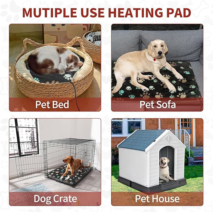 Dog Heating Pad 32x20in with Smart Thermostat Switch and Power Line Protection Tube,Obtained MET and UL Dual Certification,Waterproof Pet Heating Pad for Dogs with Plush Fabric Cover-Black