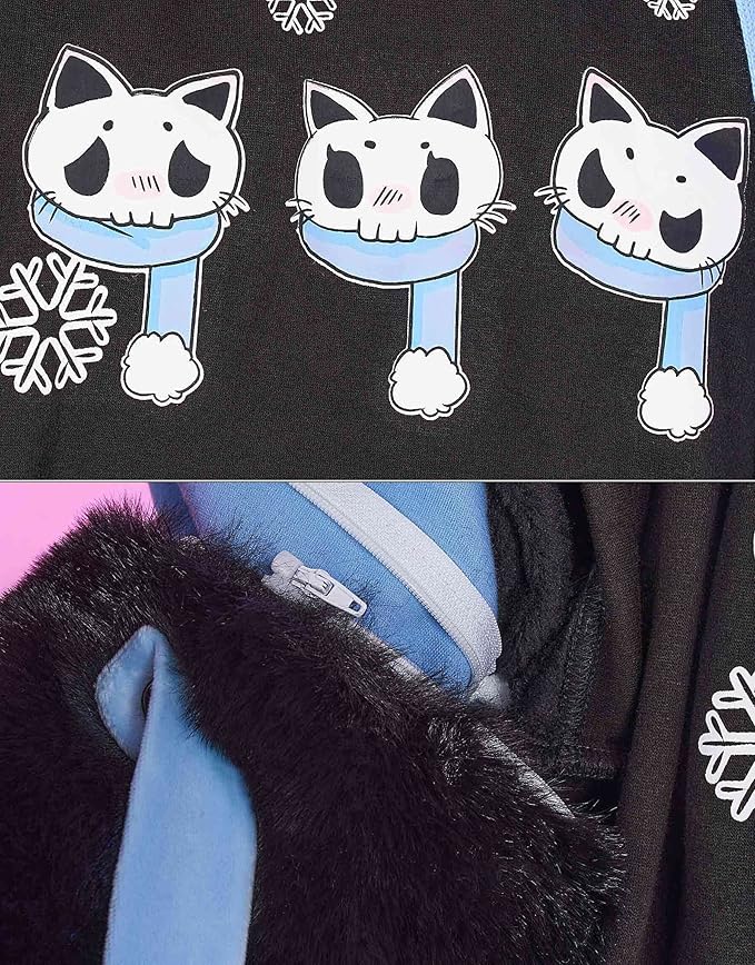 Micotaku Womens Pullover Hoodie with Detachable Bag Design Furry Cat Paw Gloves Skull Cat Pattern Sweatshirt