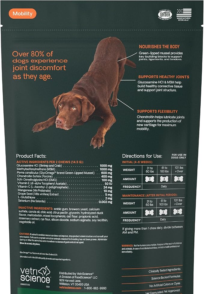 VetriScience Ultimate Strength Healthy Hip & Joint Chews, GlycoFlex Glucosamine, Chondroitin and Green-Lipped Mussel Joint Support Supplement for Dogs, Soothe Joint Discomfort, Duck, 120 Count