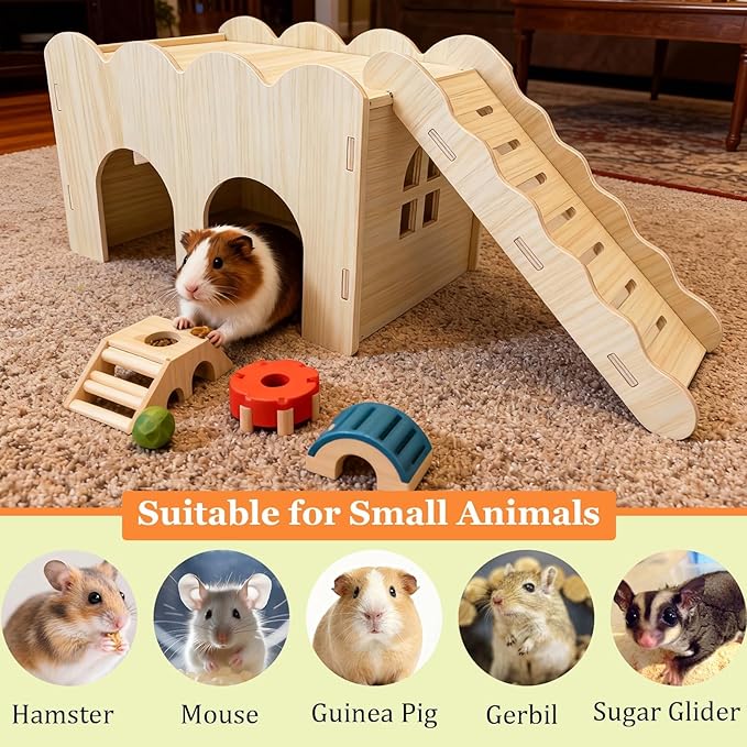 Guinea Pig Hideout Hamster Wood House Maze Platform Detachable Accessories with Ladder for Rat Hamster Squirrel Gerbil Sugar Glider (Guinea Pig Wooden House)