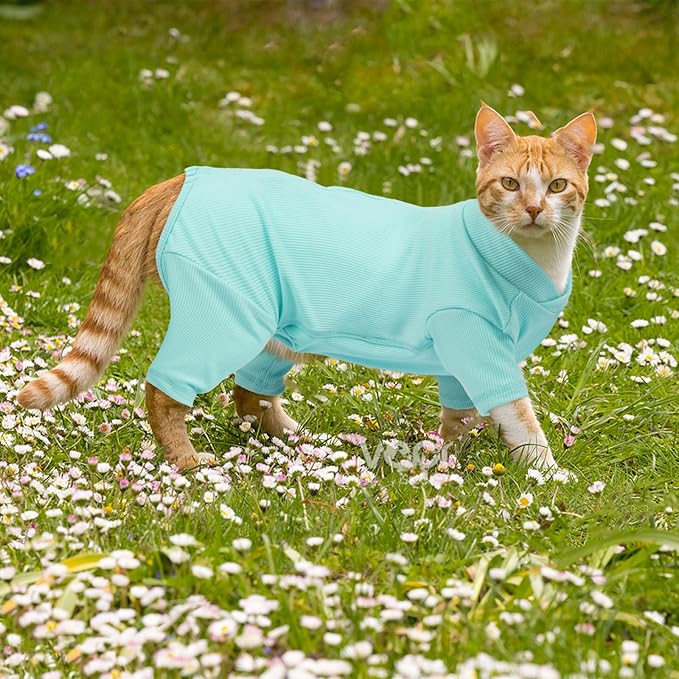 Sticky Hair Cat Clothes, Breathable & Lightweight, Reduces Shedding Fur Pajamas, Full Body Long Sleeve Surgical Bodysuit, Stop Licking & Shedding Blue XL