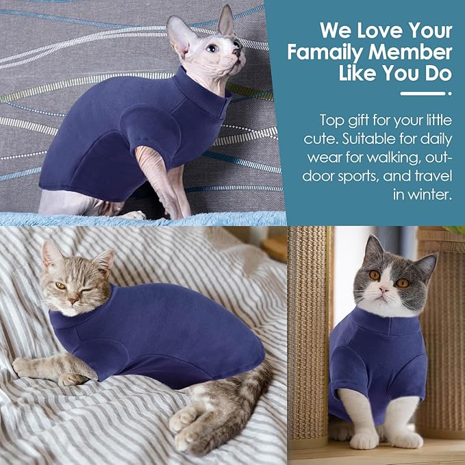 SUNFURA Turtleneck Sweater for Cat, Sphynx Cats Shirt Hairless Cat Sweaters with Sleeves, Warm and Soft Kitten Pullover Fleece Winter Pajamas Jumpsuit for Puppy Cats, Navy M