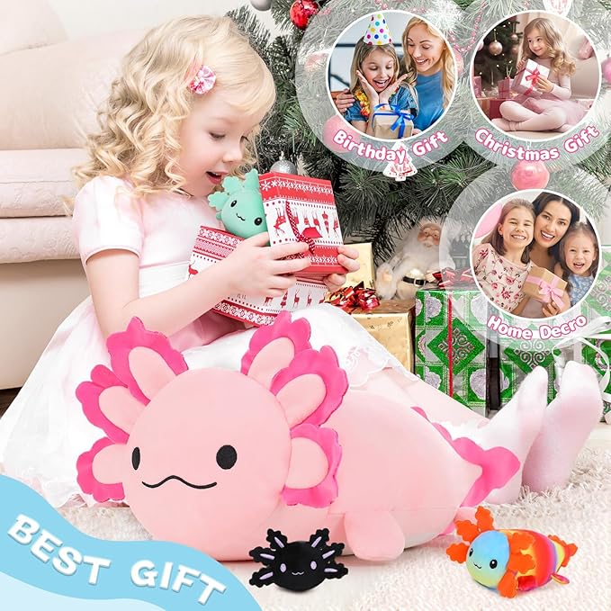 4Pcs Axolotl Plush, Large Pink Axolotl Stuffed Animal Mommy 24 inch with 3 Babies in Tummy, Soft Pillow Toys Gifts for Kids Girls Boys