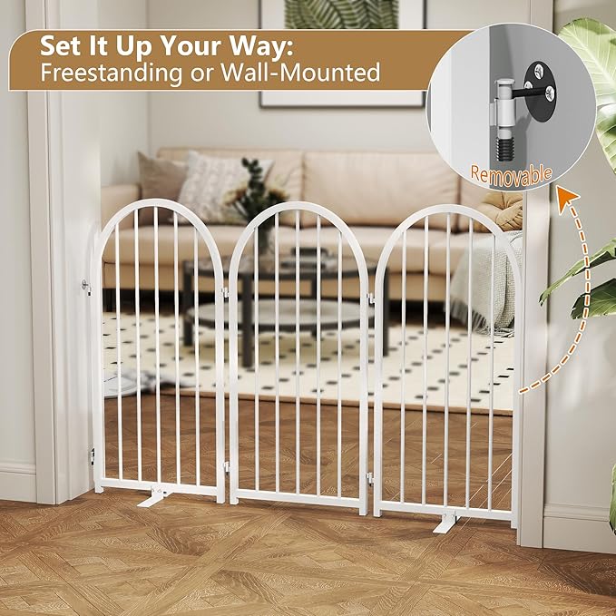 Full Metal Dog Gate with Door for Indoor Outdoor, 32" Tall Free Standing Pet Dog Fence, 72" Extra Wide Pet Gates for Stairs, Hallways, Doorways, Kitchen, Decks, Yards (White, 4 Panels)