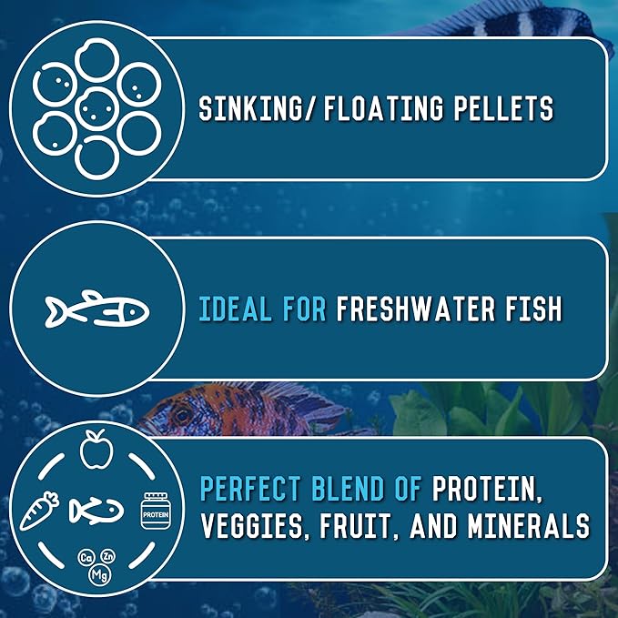 RON'S CICHLIDS African Cichlid Fish Food, Premium Tropical Fish Food Pellets with Protein, Veggies & Fruits for Healthier, Brighter & Bigger Tropical Fish & Cleaner Tanks, Juvie Blend, 8 OZ