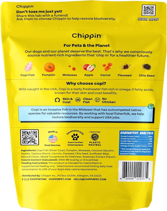Chippin Fish, Pumpkin, Apple Grain-Free Dog & Cat Treats (5oz, 1-Pack) | USA Wild-Caught Fish | Hypoallergenic, Chicken-Free | Best Training Treats | Puppies & Senior Dogs | Low Fat Dog Treats