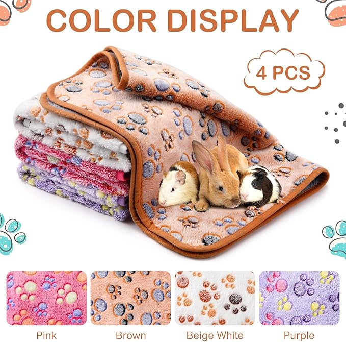 Reginary 4 Pcs Waterproof Guinea Pig Blankets Washable Small Animal Fleece Bedding Guinea Pig Cage Liners Reusable Training Pads Pet Pee Pad Sleep Mat for Hamster(Paw Print,12 x 12 Inch)