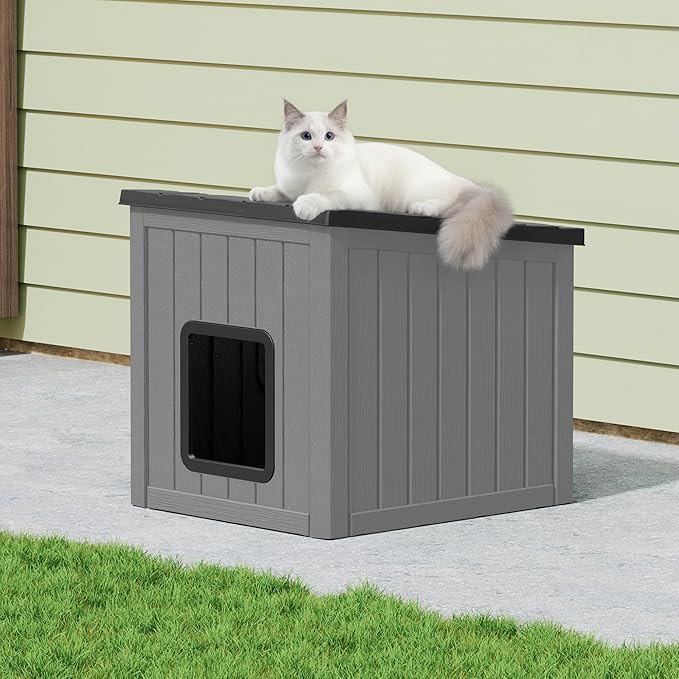 KAMABOKO Outdoor Cat House Weatherproof Plastic Cat Shelter for Indoor & Outdoor, Durable All-Season Pet House for Feral, Stray & Domestic Cats, Black