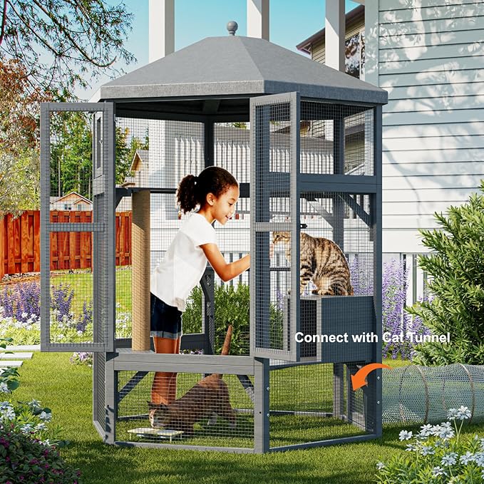 Catio Outdoor Cat Enclosure, Large Indoor Cat Catio for Multiple Cats with Window Access & Waterproof Roof, Includes Cats House, Multiple Platforms & Scratching Post, 65" Kitty Cage, Grey