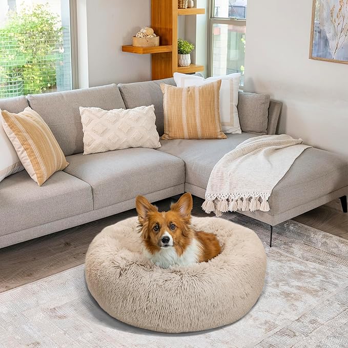 Best Friends by Sheri The Original Calming Donut Dog Bed – Washable Plush Pet Bed for Medium Breeds up to 45 lbs, Shag Faux Fur, Taupe, Medium (30" x 30")