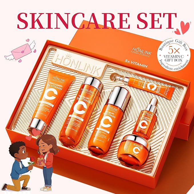 6-Piece Hydrating Skincare Set with Vitamin C & Niacinamide, Face Care Kit Includes Toner, Serum, Cleanser, Moisturizer, Eye Cream & Body Lotion | Valentine’s Day Gift for Women