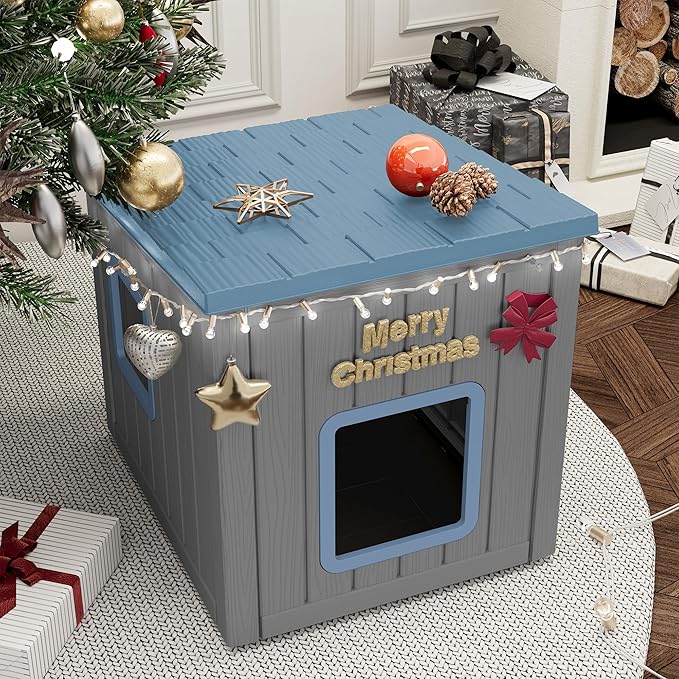 NUNU LAB Outdoor Cat House – Weatherproof & UV Resistant PP Material Shelter with Sloped Asphalt Roof, Durable Cat Condo for Garden, Patio, and Backyard (Blue, Large)