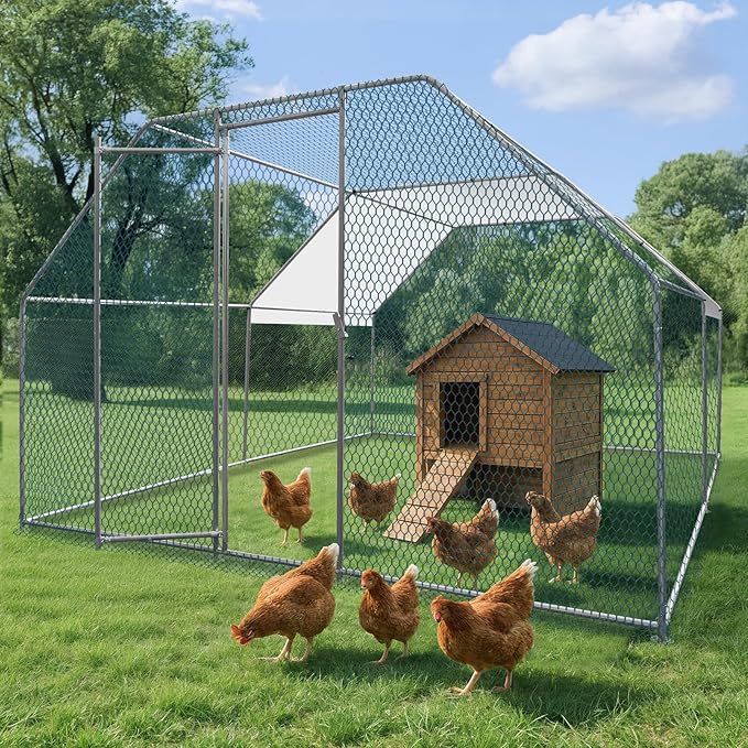 VINGLI Chicken Coop, 13.1x9.8x6.5 ft Large Metal Poultry Cage for Chicken Run, Walk-in Chicken Pen with Waterproof & Anti-UV Cover for Yard Outdoor (Silver-Flat Roof)