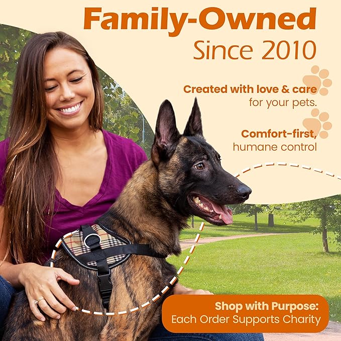 Bark Appeal Tan Plaid No-Pull Dog Harness for Medium to Large Sized Pets – Adjustable, Reflective Vest with 3 Leash Clips for Added Control, Easy Walks & Training – Large